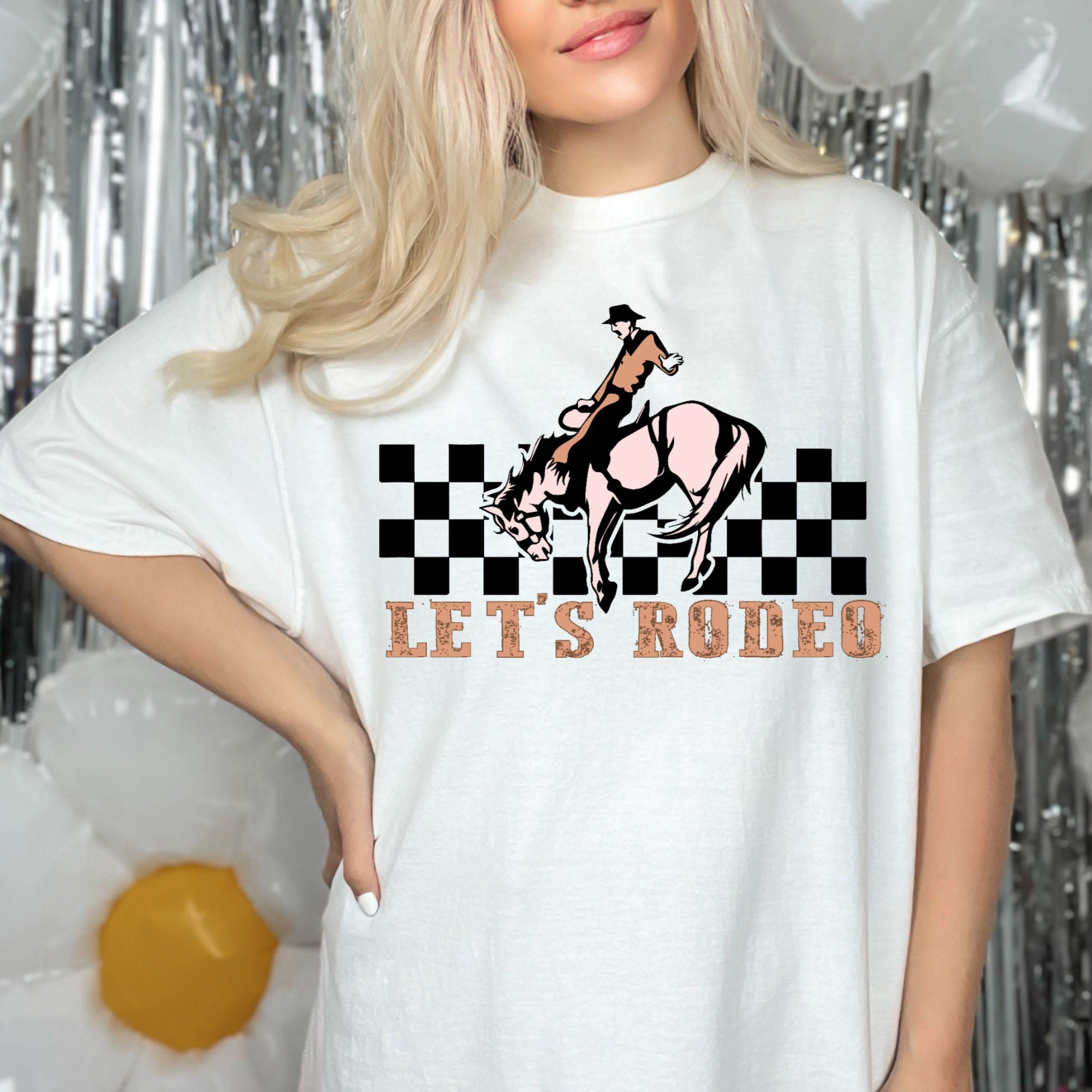 Women's Girl's "Let's Rodeo" Unisex Fit Garment-Dyed T-shirt, Cowgirl Shirt, Retro Groovy, Checkered, Saddle Bronc Riding, Western Shirt