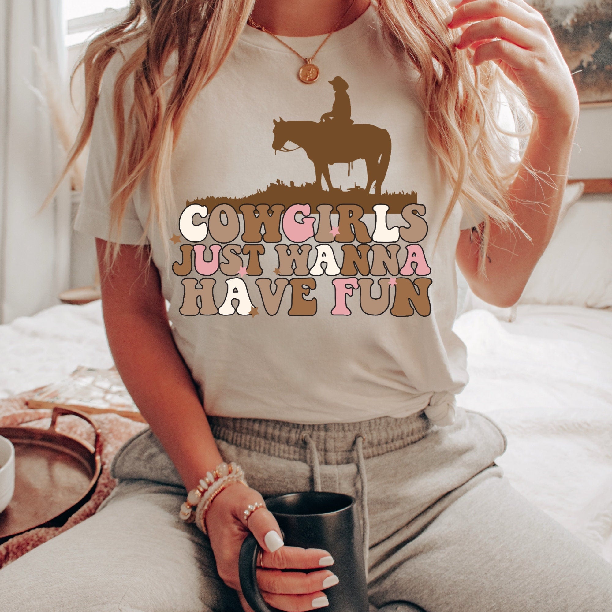 Women's "Cowgirls Just Wanna Have Fun" Unisex Fit White Jersey Short Sleeve Tee, Cowgirl Shirt, Western Girls T-Shirt, Ranchy, Rodeo Top
