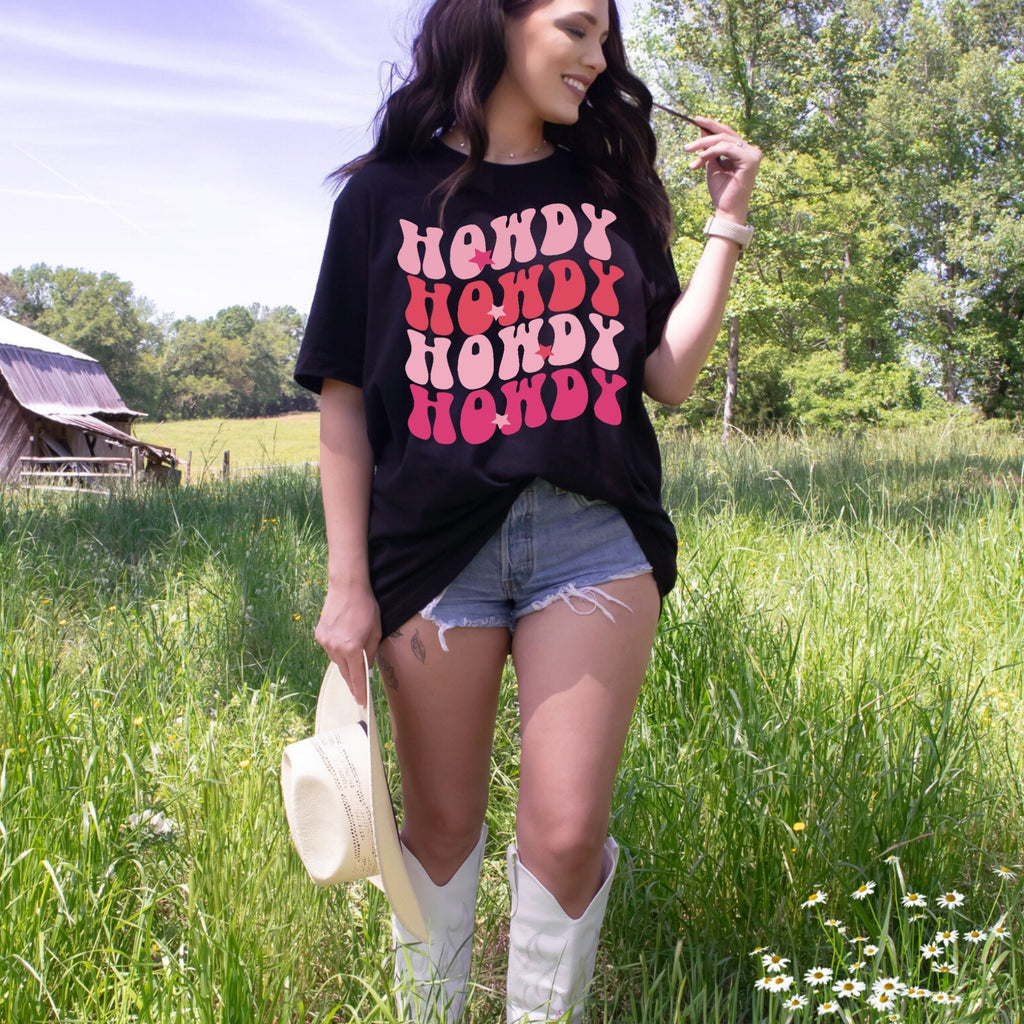 Women's "Howdy" X 4 Unisex Fit Jersey Short Sleeve Tee In The Color Black, Cowgirl Shirt, Retro, Western, T-Shirt, Ranchy, Rodeo Top