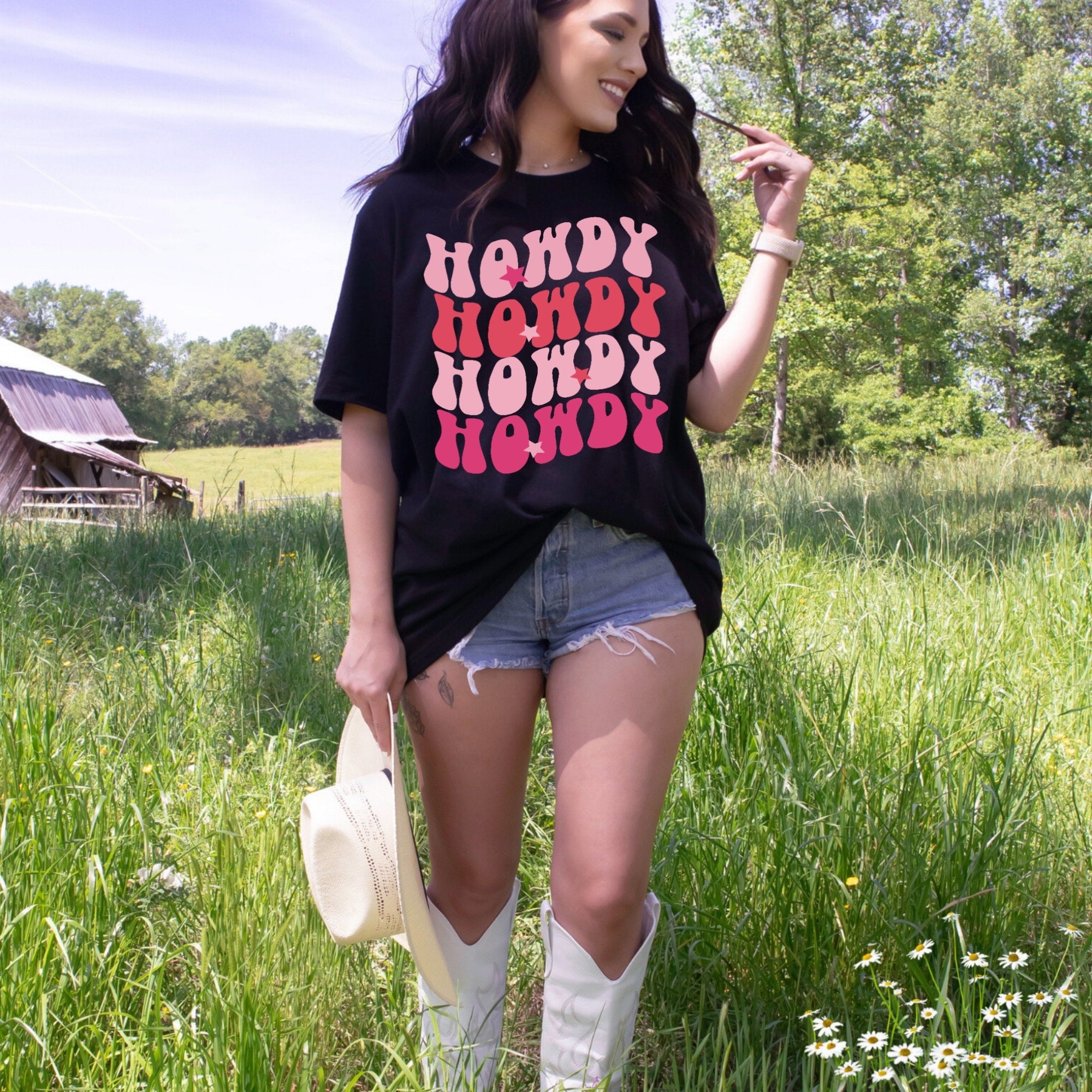 Women's "Howdy" X 4 Unisex Fit Jersey Short Sleeve Tee In The Color Black, Cowgirl Shirt, Retro, Western, T-Shirt, Ranchy, Rodeo Top