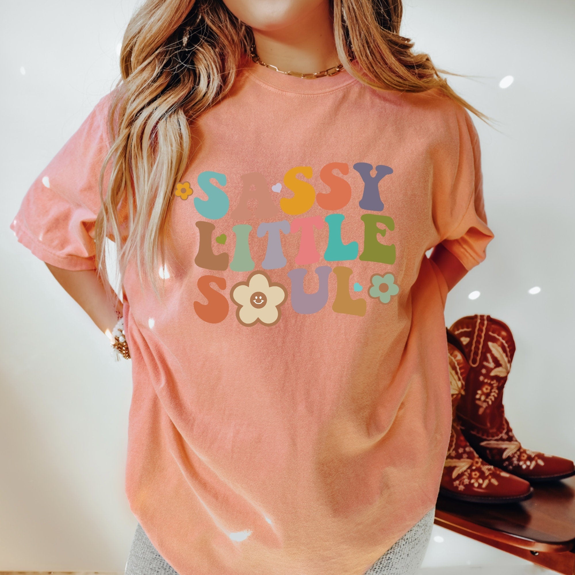 Women's "Sassy Little Soul" Unisex Fit Garment-Dyed T-shirt, Retro Lettering, Groovy Hippie Boho, Retro Shirt, Rainbow Retro Print Tee