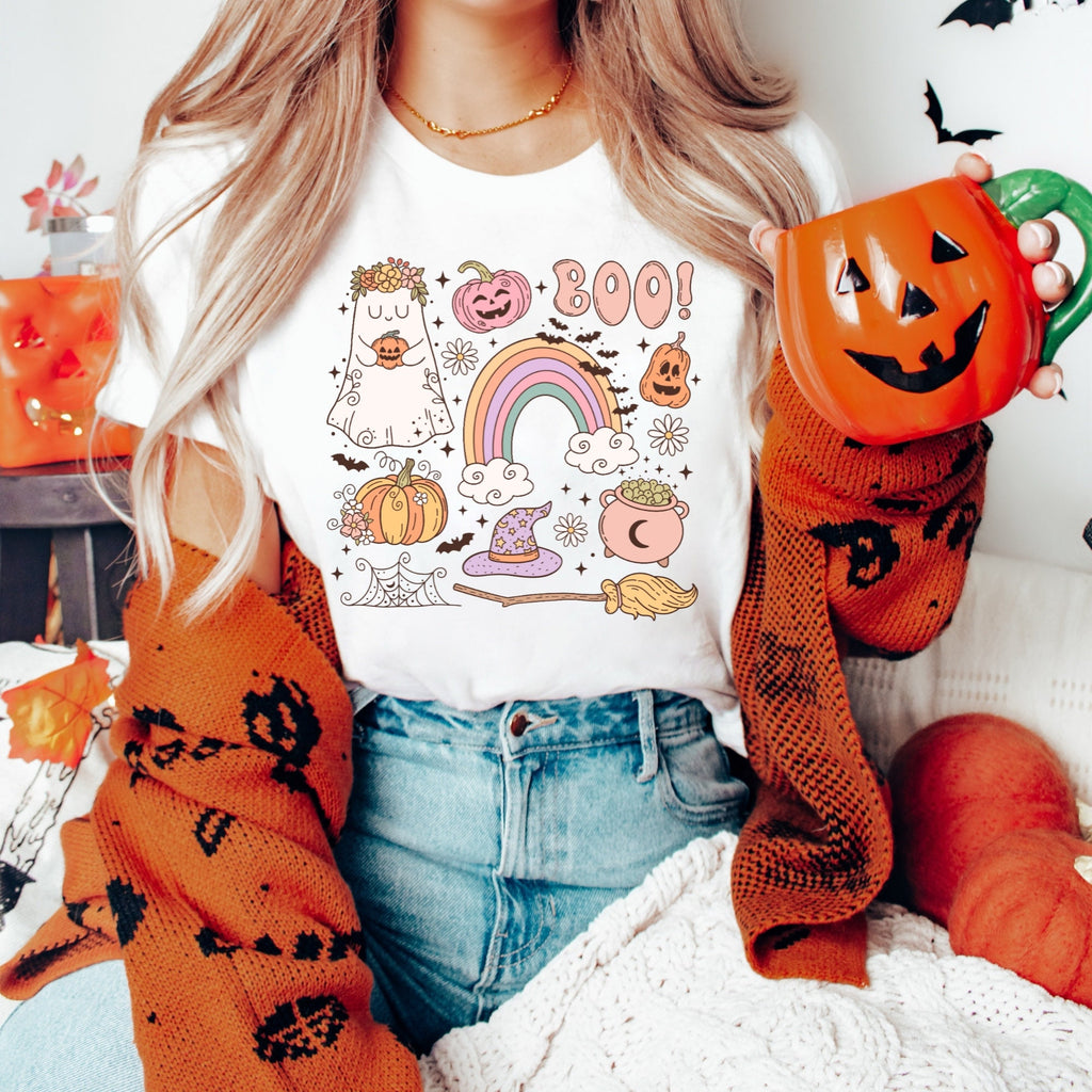 Women's Retro Halloween Unisex Fit Jersey Short Sleeve Tee, S M L XL 2XL 3XL, Girly Pastel Halloween, Boo!, Hallows Eve, Fall Shirt T-Shirt