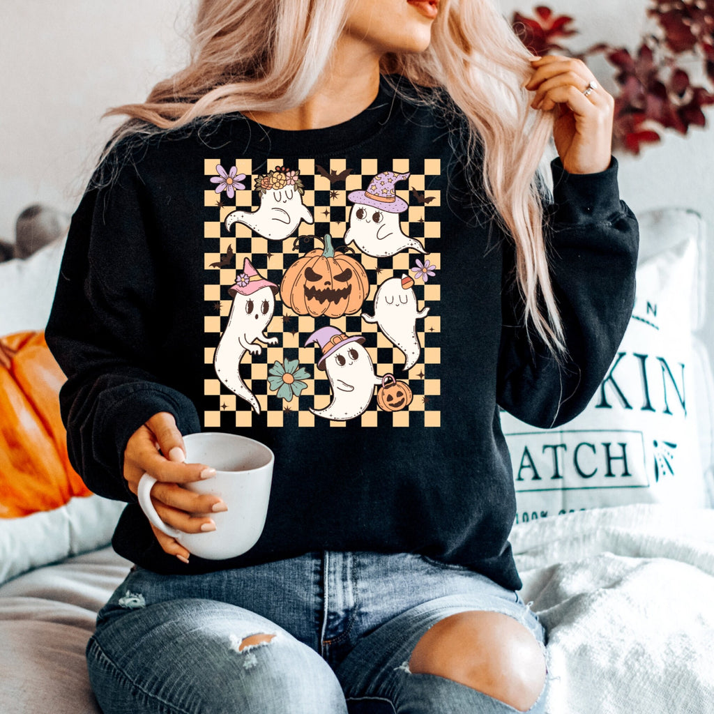 Women's Retro Halloween Unisex Fit Heavy Blend Crewneck Sweatshirt, S M L XL 2XL 3XL, Black Halloween Sweater, Checkers, Ghost's, Hippie
