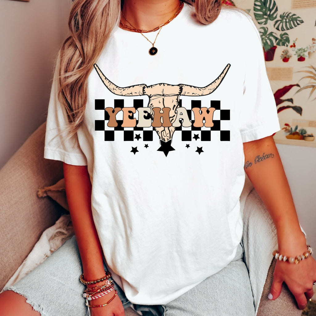 Women's Girl's "Yeehaw" Unisex Fit Jersey Short Sleeve Tee, Cowgirl Shirt, Western T-Shirt, Retro, Cattle Skull, Checkers, Neutral, Punchy