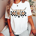 Women's Girl's "Yeehaw" Unisex Fit Jersey Short Sleeve Tee, Cowgirl Shirt, Western T-Shirt, Retro, Cattle Skull, Checkers, Neutral, Punchy