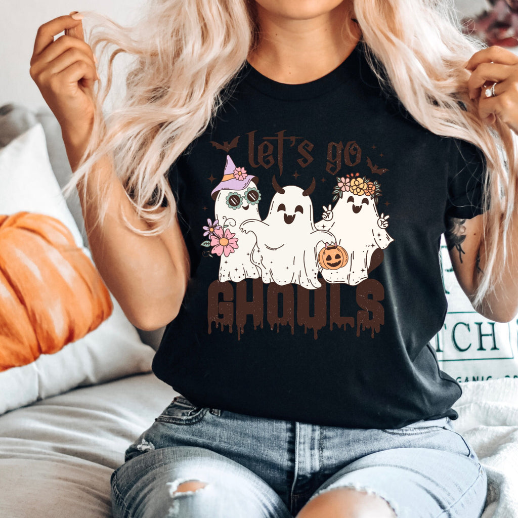 Women's "Let's Go Ghouls" Unisex Fit Jersey Short Sleeve Tee, Retro Halloween Black Top, Trick Or Treating T-Shirt, Hippie Boho Halloween