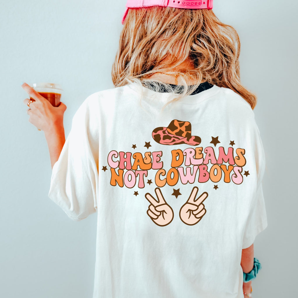 Women's "Chase Dreams Not Cowboys" Unisex Fit Jersey Short Sleeve Tee, Cowgirl Shirt, Retro, Western T-Shirt, Ranchy, Punchy, Back Logo