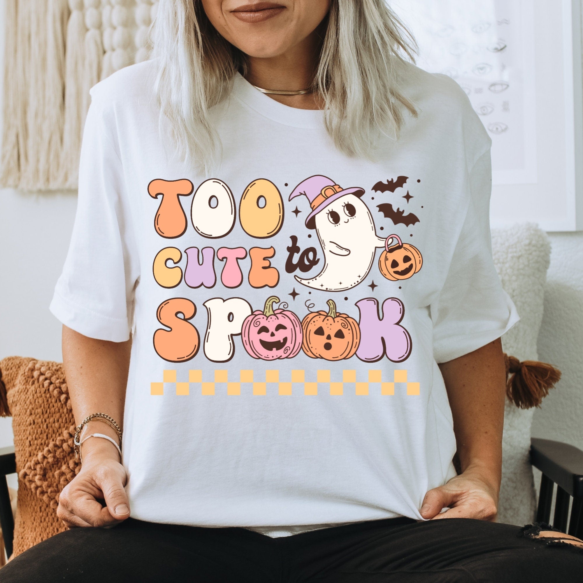Women's "Too Cute To Spook" Unisex Fit Softstyle T-Shirt In The Color White, Small - 3XL, Retro Halloween Shirt, Pastel Girly Halloween