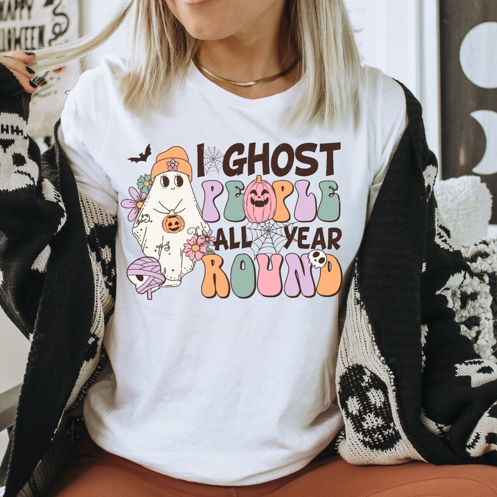 Women's "I Ghost People All Year Round" Retro Halloween Unisex Fit Jersey Short Sleeve Tee, Pastel Halloween Shirt, Girly Halloween