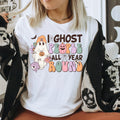 Women's "I Ghost People All Year Round" Retro Halloween Unisex Fit Jersey Short Sleeve Tee, Pastel Halloween Shirt, Girly Halloween