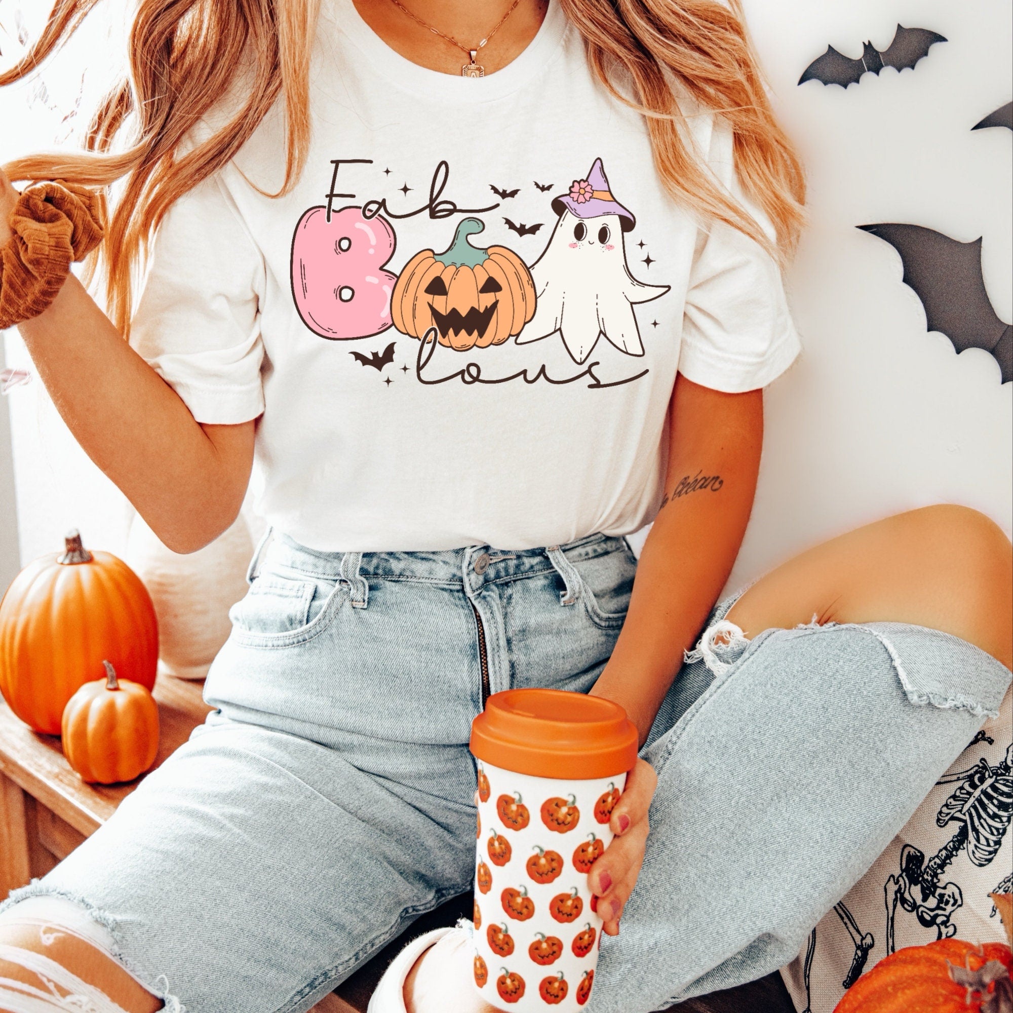 Women's "Fab Boo Lous" Retro Halloween Faboolous Unisex Fit Jersey Short Sleeve Tee, Halloween Shirt, Pastel Halloween T-Shirt, Girly
