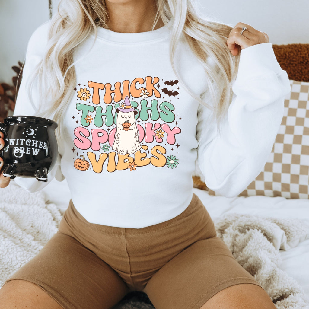 Women's "Thick Thighs Spooky Vibes" Retro Halloween Unisex Fit Heavy Blend™ Crewneck Sweatshirt, Halloween Sweater, Pastel Halloween