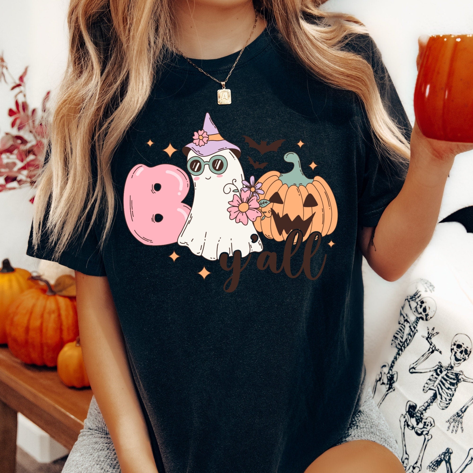 Women's "Boo Y'all" Unisex Fit Garment-Dyed T-shirt In The Color Black, Retro Halloween Shirt, Pastel Halloween Top, Girly Halloween Tee