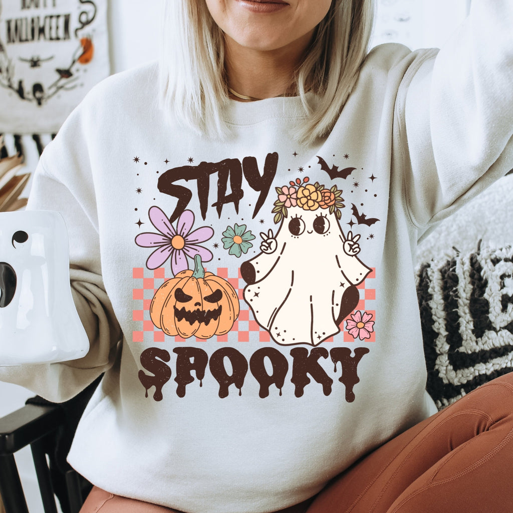 Women's "Stay Spooky" Retro Halloween Unisex Fit Heavy Blend™ Crewneck Sweatshirt In The Color Sand, Halloween Sweater, Hippie Boho