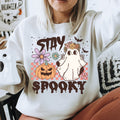 Women's "Stay Spooky" Retro Halloween Unisex Fit Heavy Blend™ Crewneck Sweatshirt In The Color Sand, Halloween Sweater, Hippie Boho