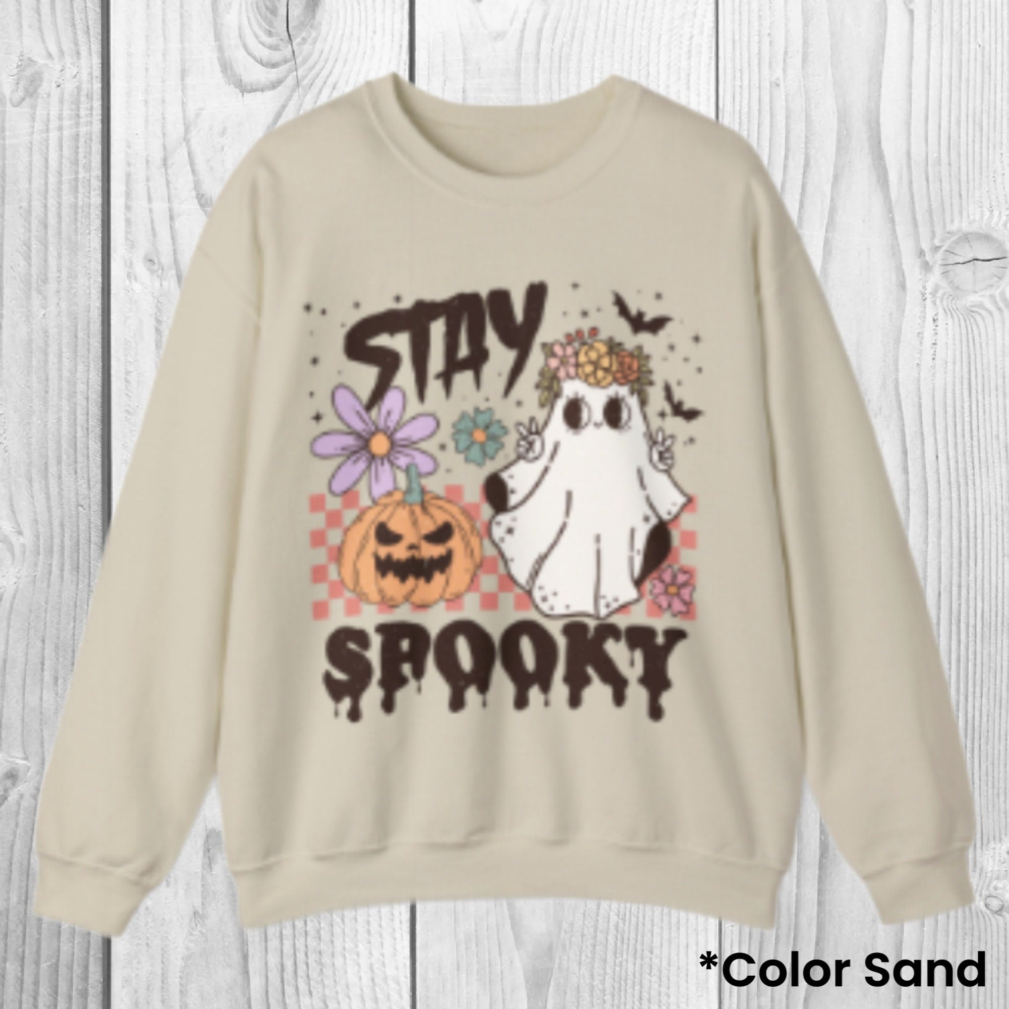 Women's "Stay Spooky" Retro Halloween Unisex Fit Heavy Blend™ Crewneck Sweatshirt In The Color Sand, Halloween Sweater, Hippie Boho