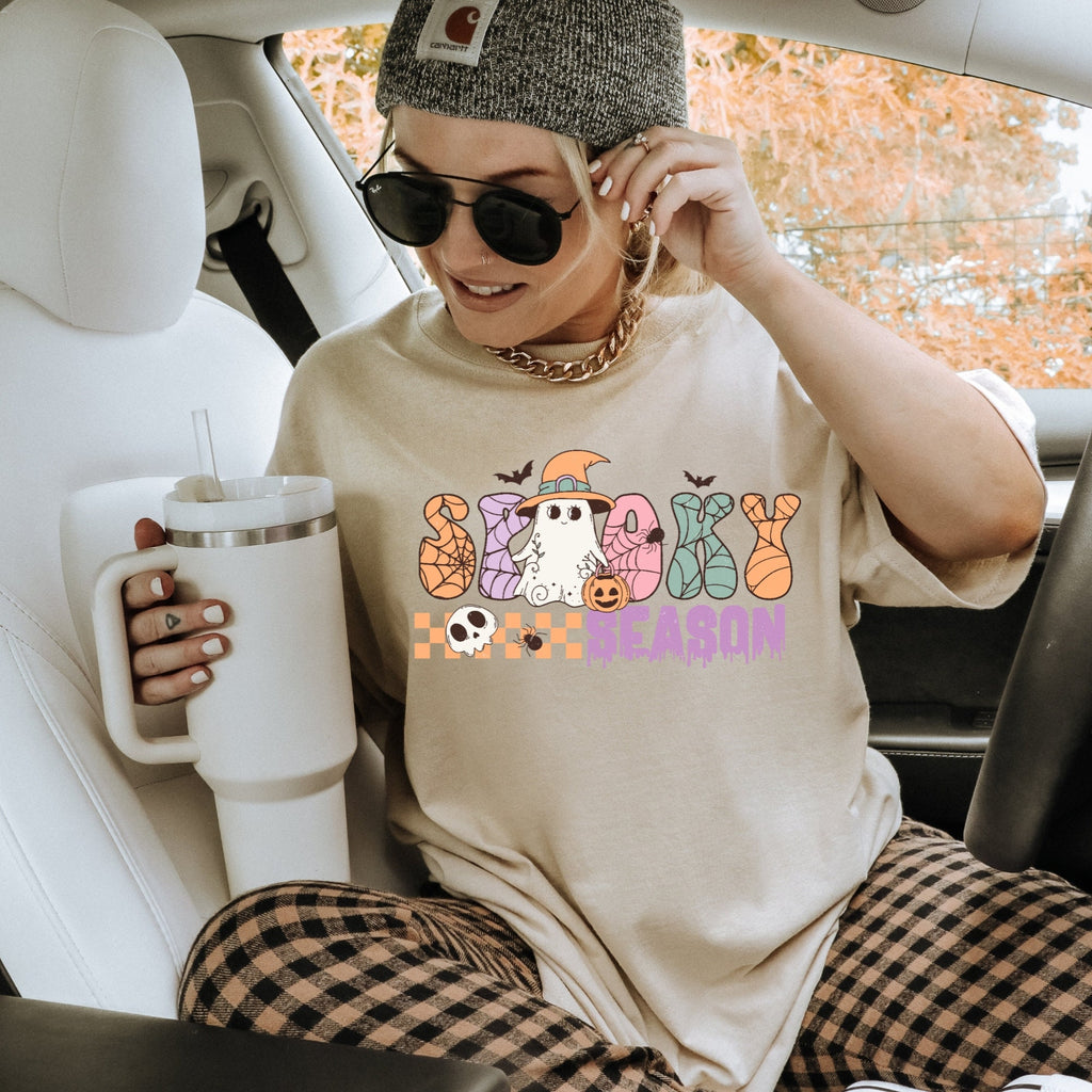 Women's "Spooky Season" Retro Halloween Unisex Fit Softstyle T-Shirt In The Color Sand, Halloween Shirt, Girly Halloween Top, Hippie Groovy