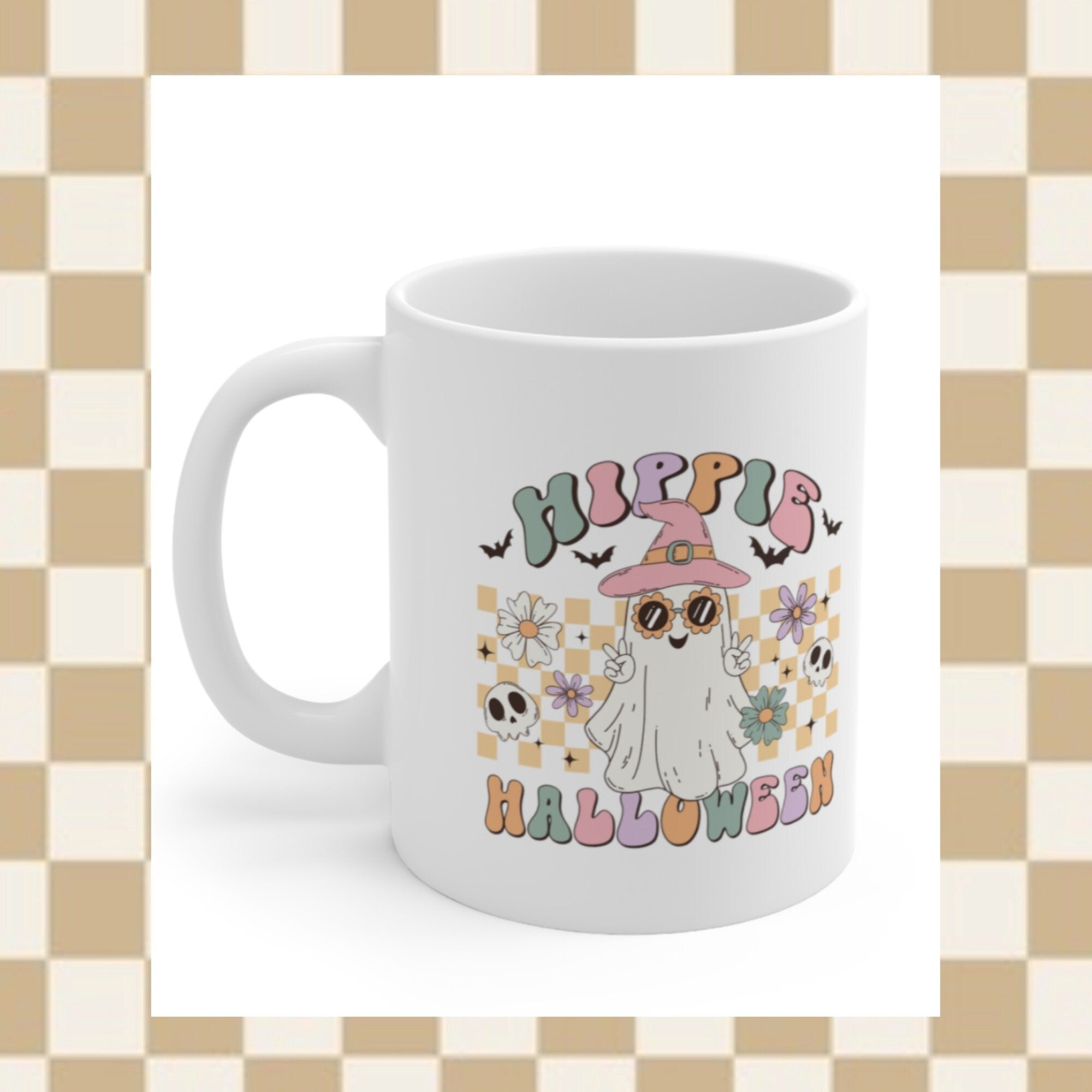 Hippie Halloween Ceramic Mug 11oz, Retro Halloween, Gift, Coffee Cup, Pastel Halloween, Halloween Coffee Lover, Boho