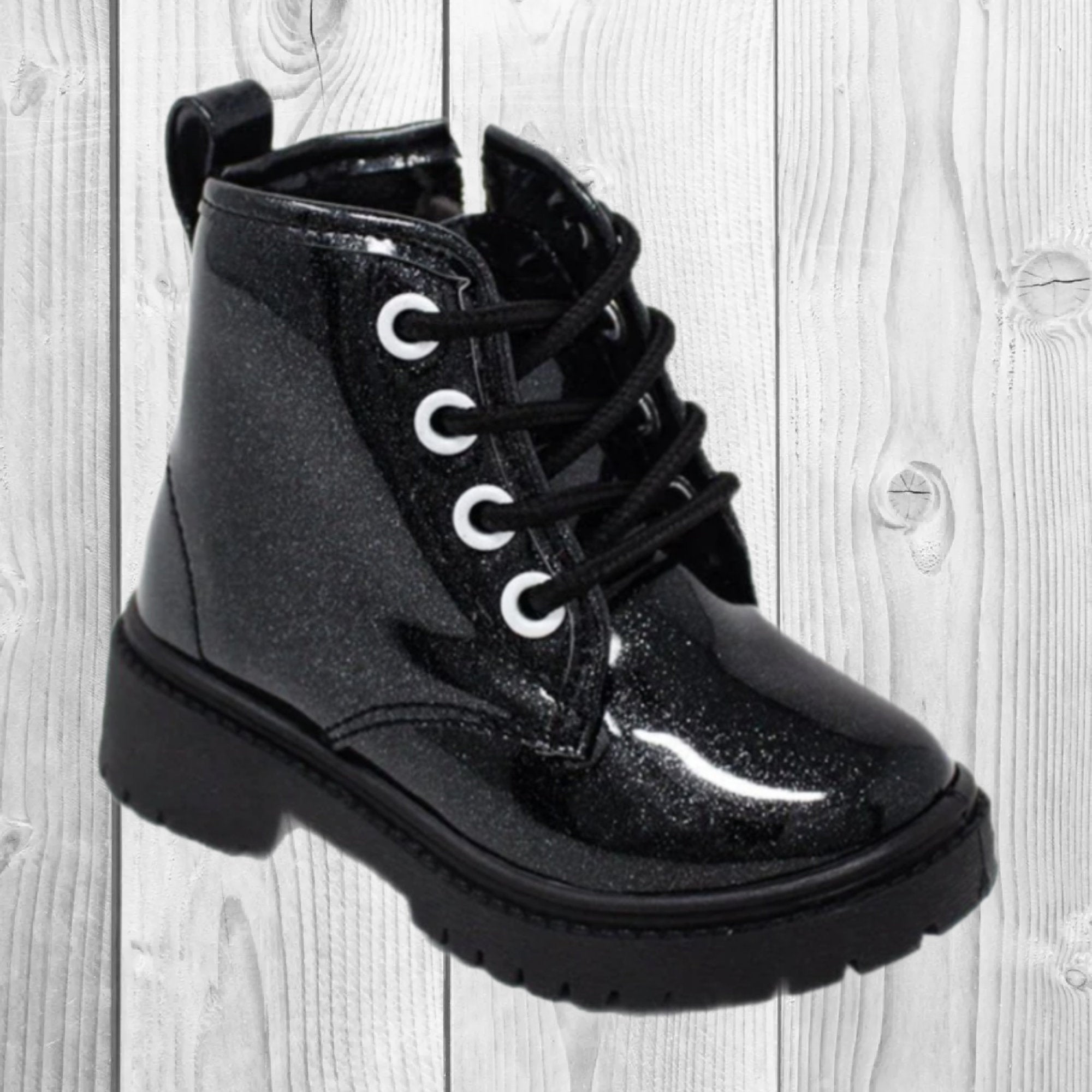 Girls/Toddler Black Glitter Lace-Up Combat Boots