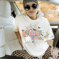 Women's Retro Halloween "Spooky Vibes" Unisex Fit Garment-Dyed T-shirt In The Color Ivory, Pastel Halloween Shirt, Girls Halloween Top