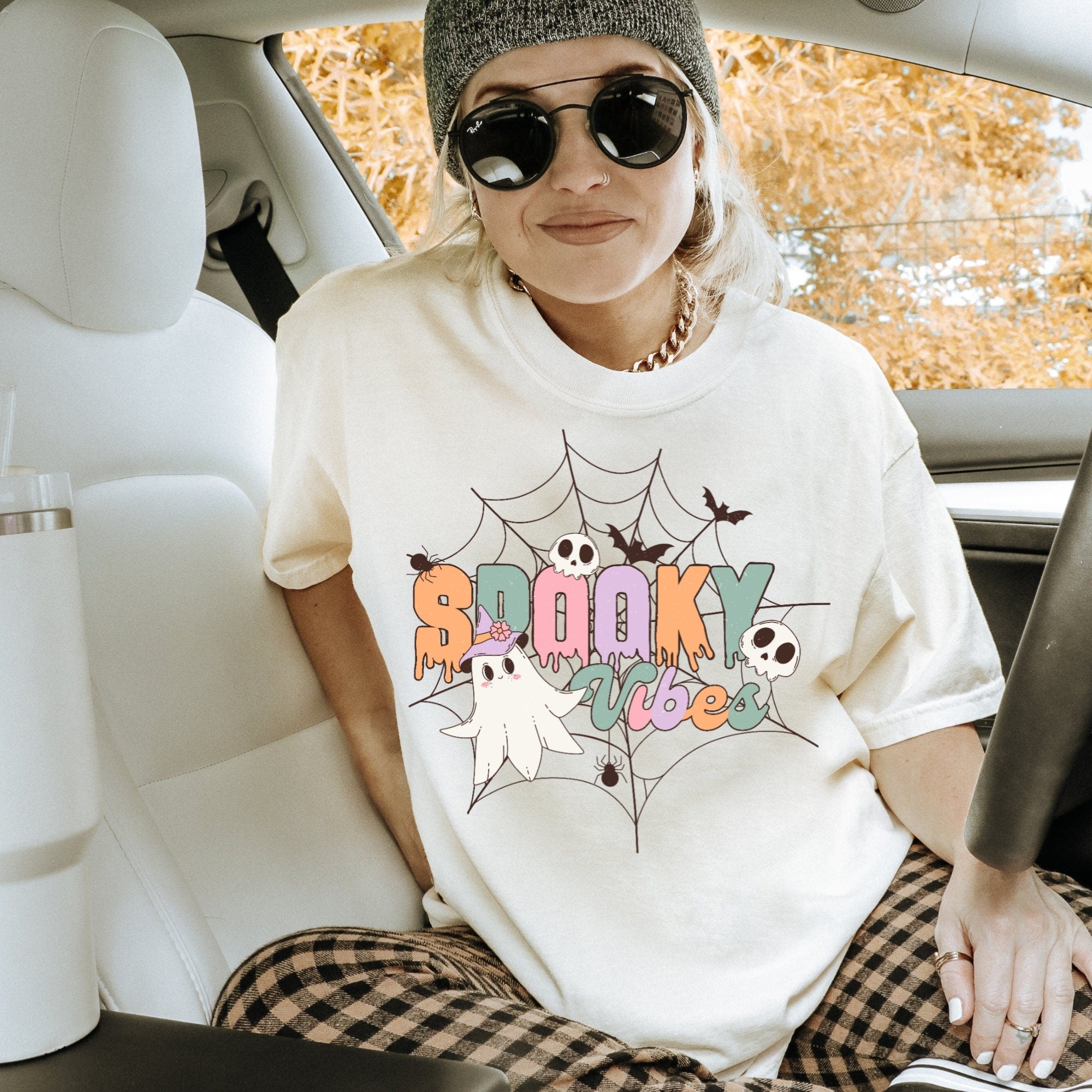 Women's Retro Halloween "Spooky Vibes" Unisex Fit Garment-Dyed T-shirt In The Color Ivory, Pastel Halloween Shirt, Girls Halloween Top