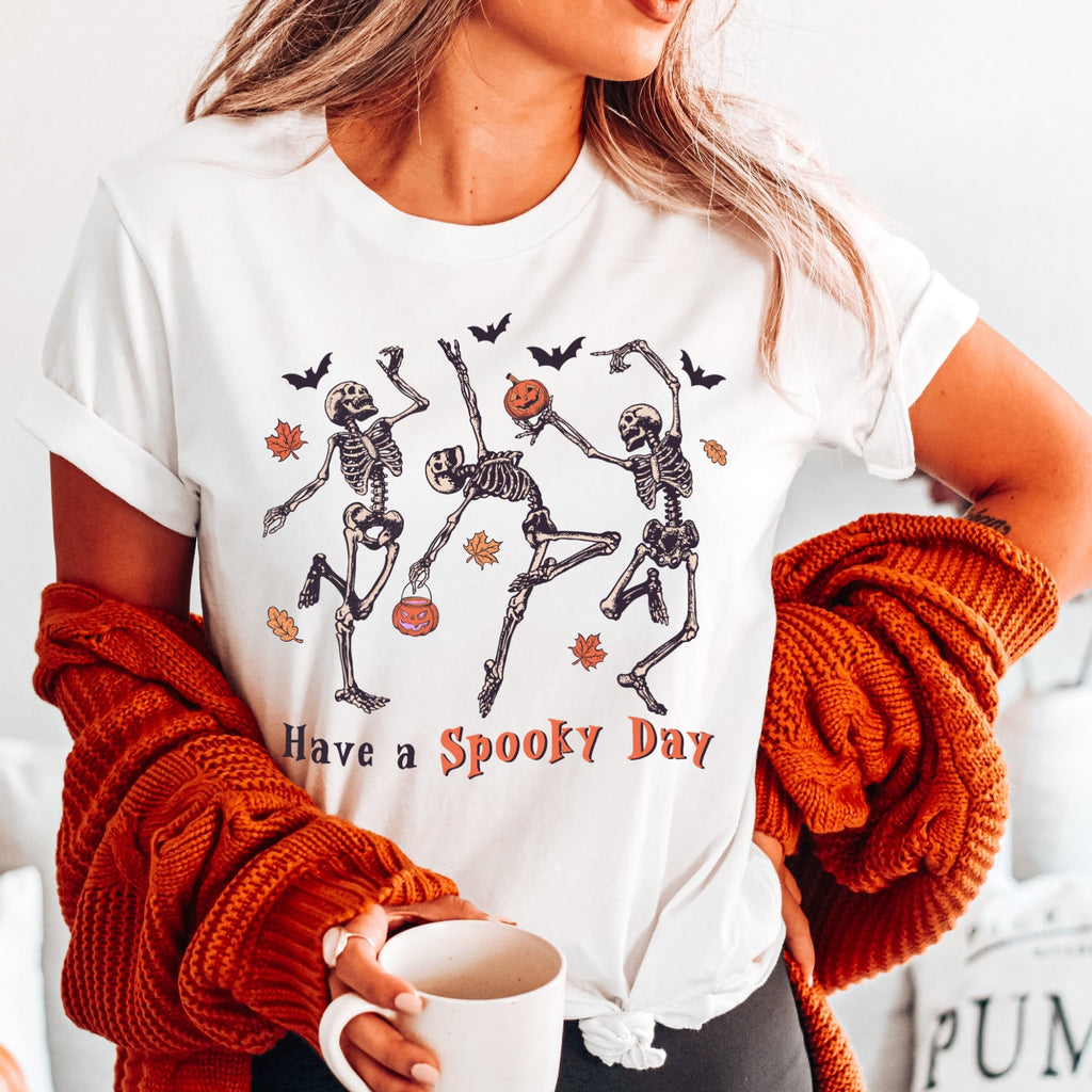 Women's Girl's "Have A Spooky Day" Unisex Fit Jersey Short Sleeve Tee, Skeleton Halloween Shirt T-Shirt Top, Fall Shirt, Spooky Season