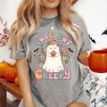 Women's "Cute But Creepy" Retro Halloween Unisex Fit Garment-Dyed T-shirt In The Color Gray, Pastel Girly Halloween, Groovy Hippie Boho
