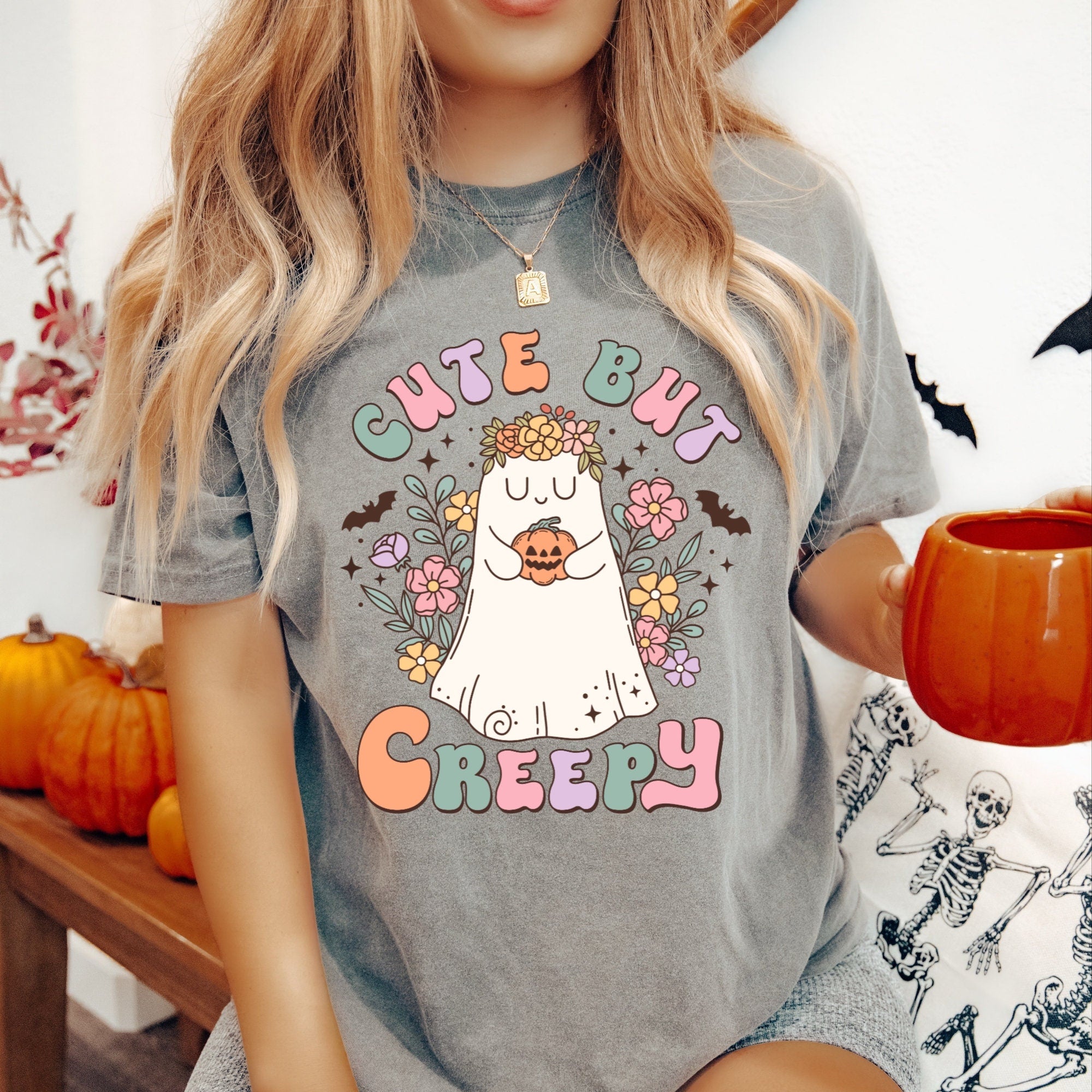 Women's "Cute But Creepy" Retro Halloween Unisex Fit Garment-Dyed T-shirt In The Color Gray, Pastel Girly Halloween, Groovy Hippie Boho