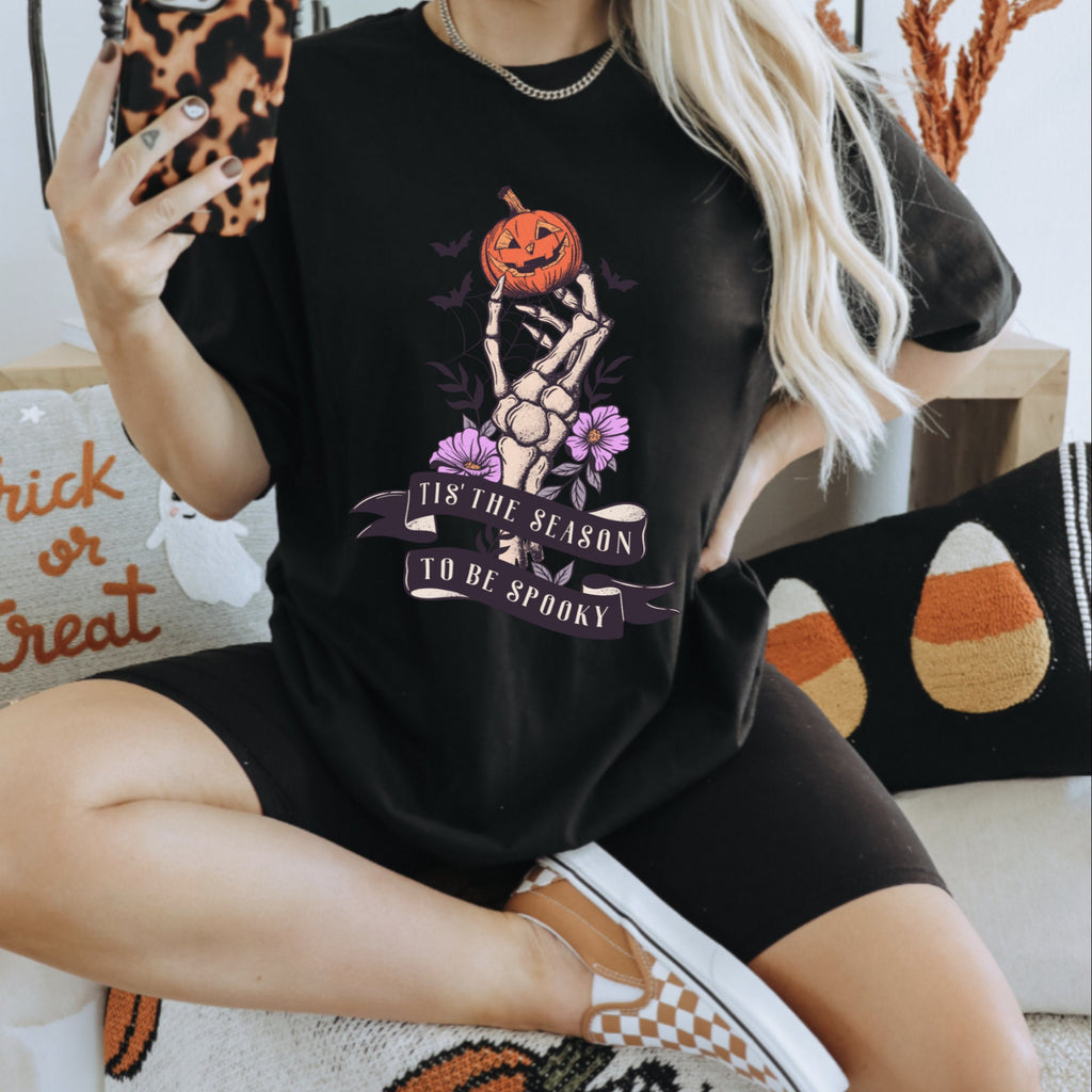 Women's Skeleton Halloween "Tis The Season To Be Spooky" Unisex Fit Softstyle T-Shirt, Halloween Shirt, Gothic Top, Spooky Tee, Halloween