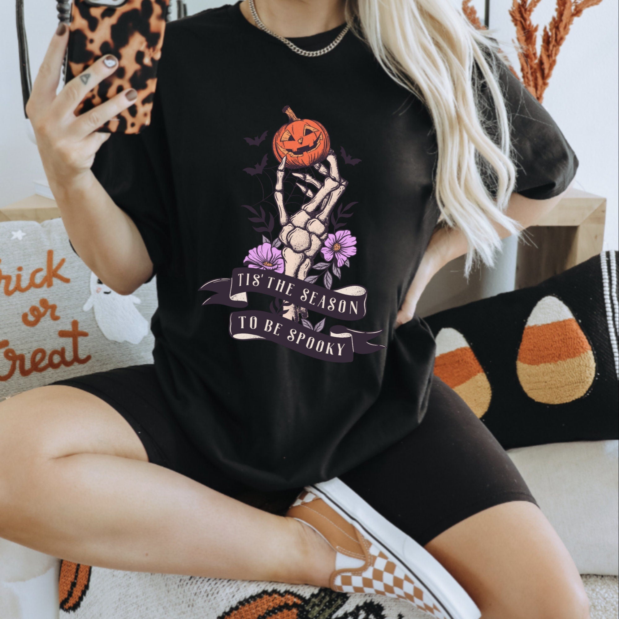 Women's Skeleton Halloween "Tis The Season To Be Spooky" Unisex Fit Softstyle T-Shirt, Halloween Shirt, Gothic Top, Spooky Tee, Halloween