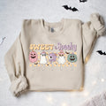 Women's Retro Halloween "Sweet & Spooky" Unisex Fit Heavy Blend™ Crewneck Sweatshirt In The Color Sand, Halloween Sweater, Pastel Girly Top