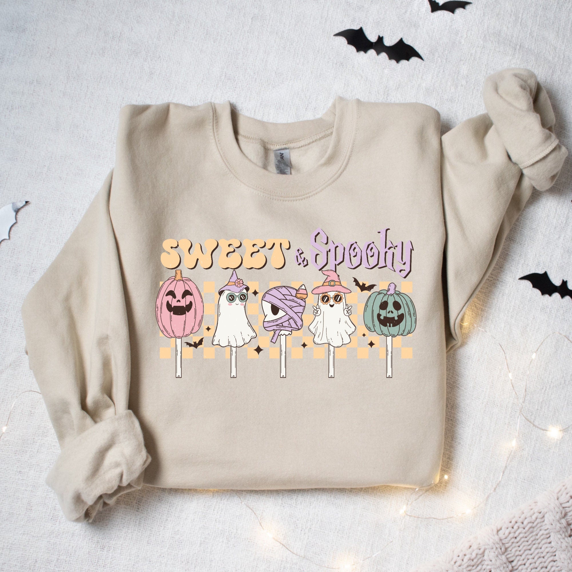 Women's Retro Halloween "Sweet & Spooky" Unisex Fit Heavy Blend™ Crewneck Sweatshirt In The Color Sand, Halloween Sweater, Pastel Girly Top