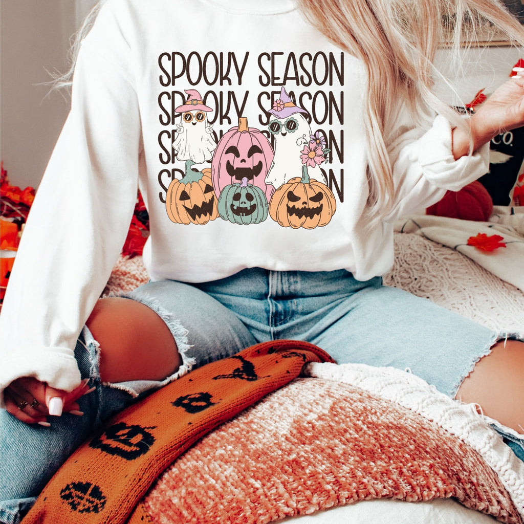 Women's Girl's Retro Halloween "Spooky Season" Unisex Fit Heavy Blend™ Crewneck Sweatshirt, Halloween Sweater, Pastel Halloween, Girly