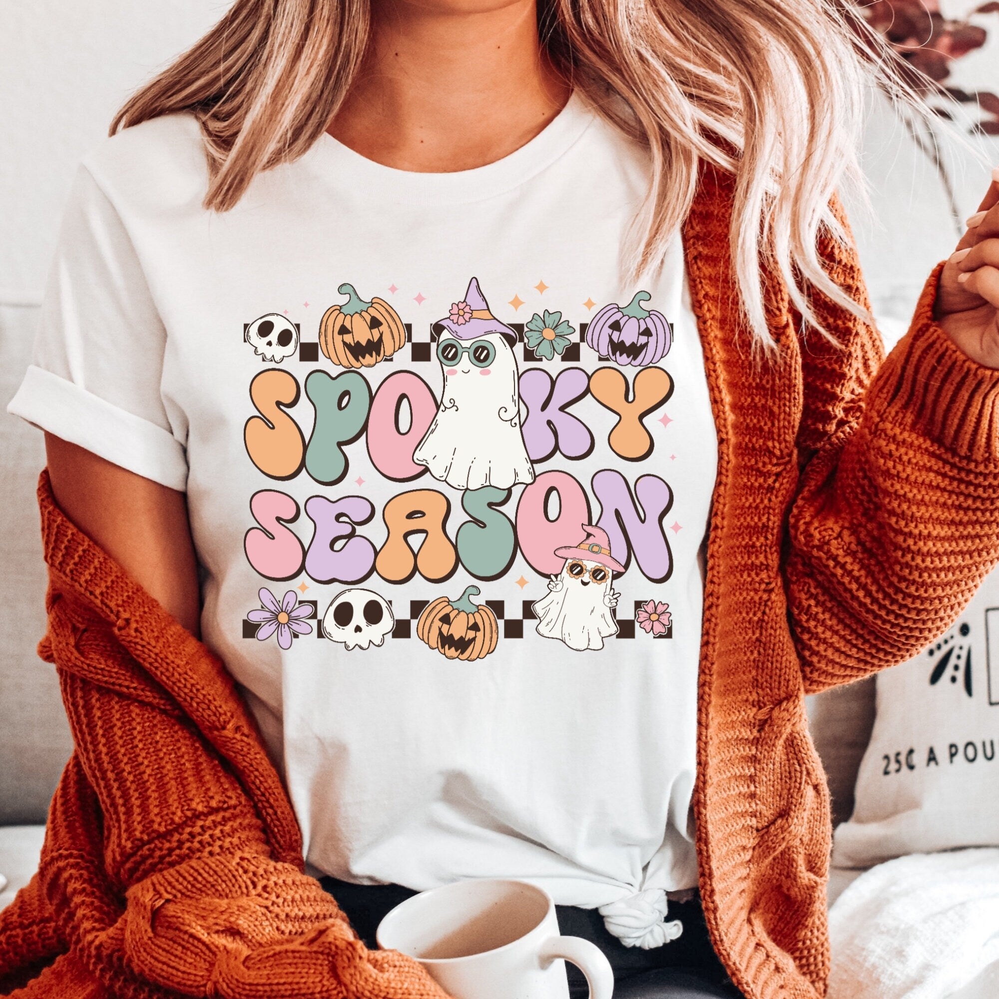 Women's Girl's Retro Halloween "Spooky Season" Unisex Fit Jersey Short Sleeve Tee, Halloween Shirt, T-Shirt, Pastel Halloween, Girly Ghost