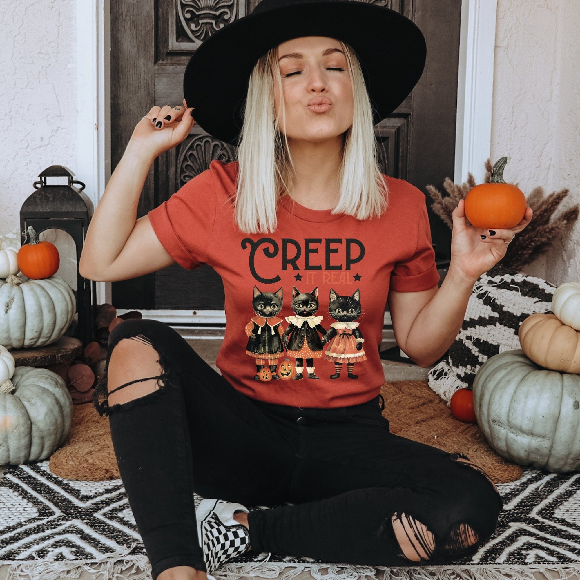 Women's Vintage 1950's Halloween "Creep It Real" Unisex Fit Jersey Short Sleeve Tee In The Color Rust, Halloween Shirt, Spooky T-Shirt