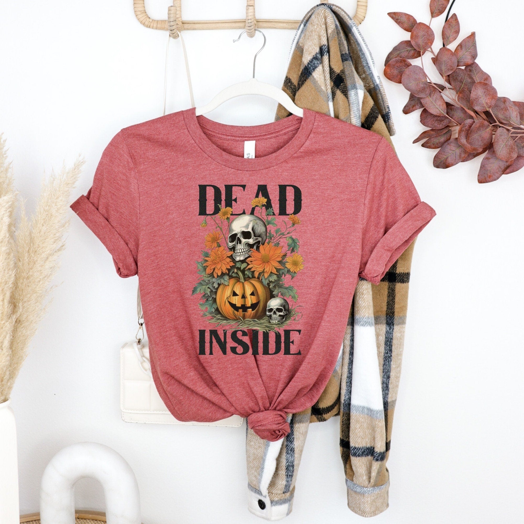 Women's "Dead Inside" Vintage Halloween Unisex Fit Jersey Short Sleeve Tee In The Color Heather Clay, Fall Shirt, Autumn T-shirt, Funny
