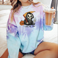 Women's "I Love My Job" Funny Halloween Unisex Fit Tie-Dye Sweatshirt In The Color Cotton Candy, Halloween Sweater, Grim Reaper, Humorous