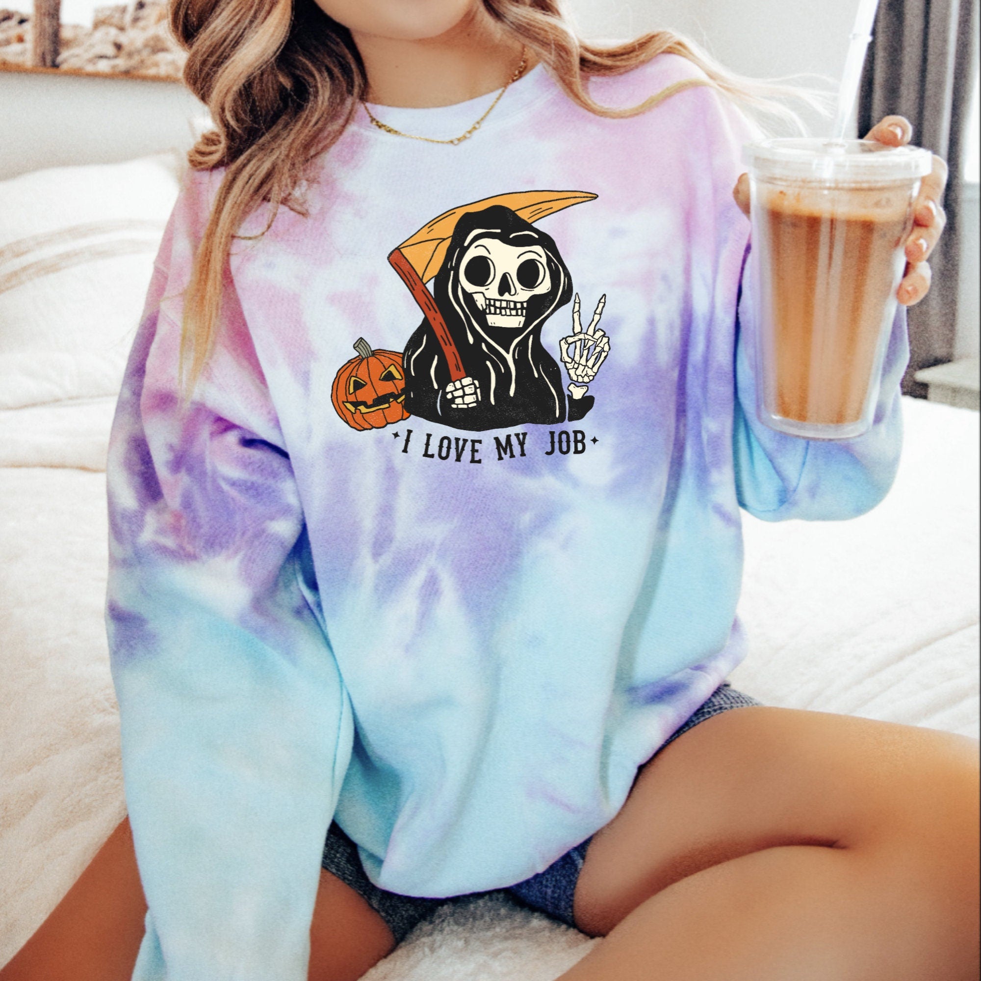 Women's "I Love My Job" Funny Halloween Unisex Fit Tie-Dye Sweatshirt In The Color Cotton Candy, Halloween Sweater, Grim Reaper, Humorous