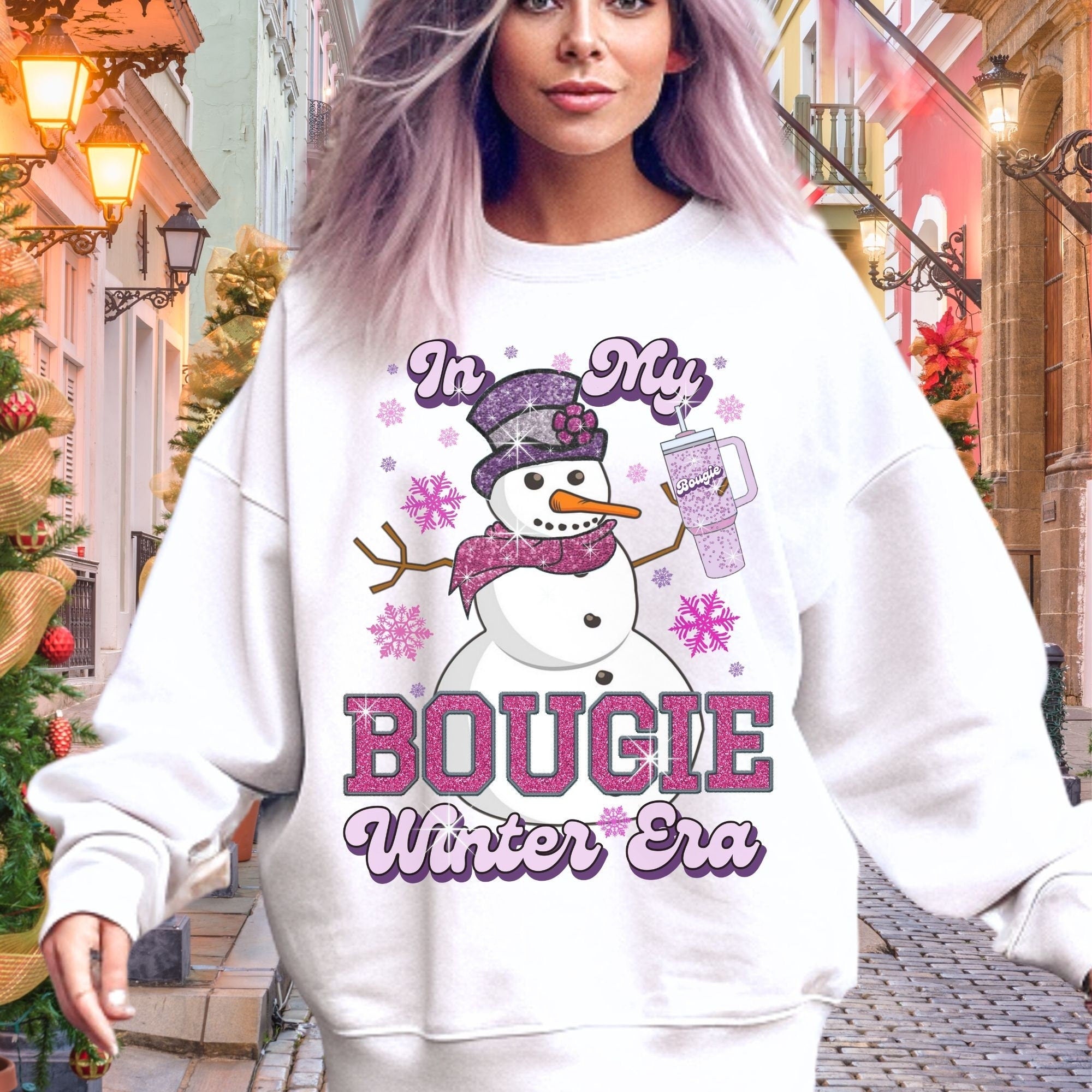 Women's "In My Bougie Winter Era" Unisex Fit Heavy Blend™ Crewneck Sweatshirt In The Color White, Christmas Funny, Faux Xmas Glitter Print