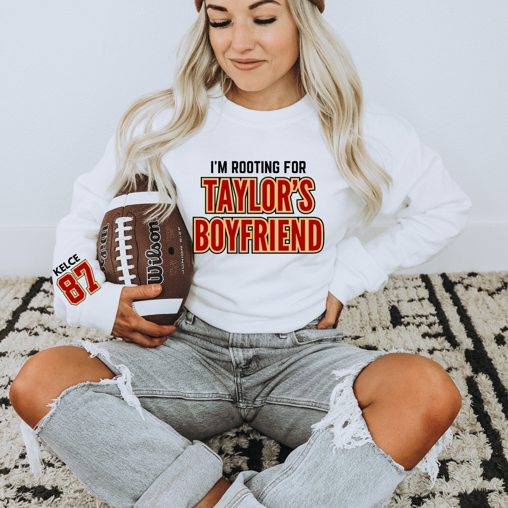 Women's "I'm Rooting For Taylor's Boyfriend" "Kelce 87" Unisex Fit Heavy Blend™ Crewneck Sweatshirt In The Color White, Chiefs, Travis Era