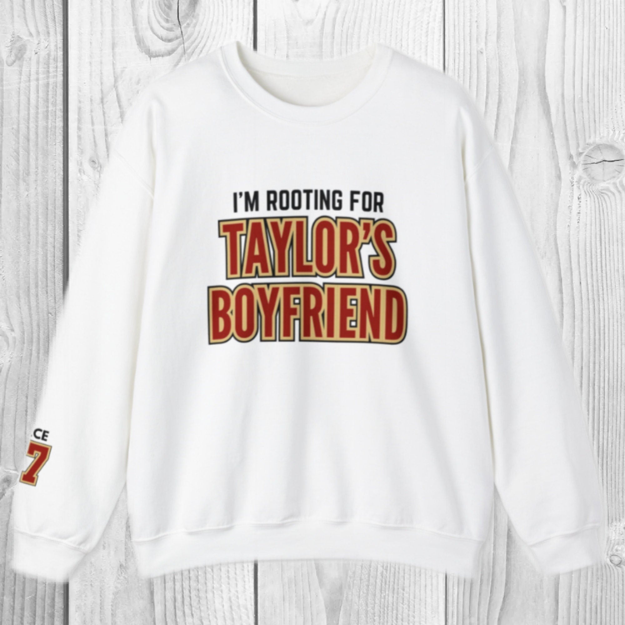 Women's "I'm Rooting For Taylor's Boyfriend" "Kelce 87" Unisex Fit Heavy Blend™ Crewneck Sweatshirt In The Color White, Chiefs, Travis Era