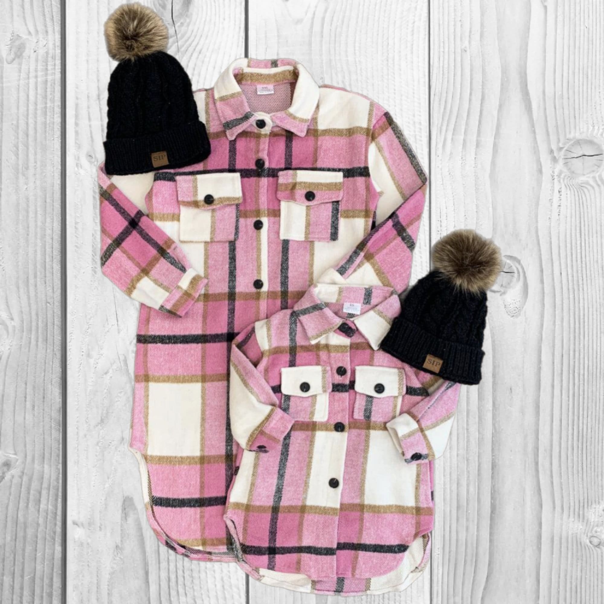 Mommy & Mini, Mom And Me - Pink Plaid Long Flannel Shacket, Trench Coat