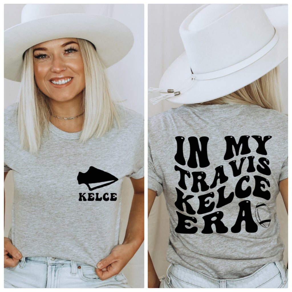 Women's "Kelce" On Front "In My Travis Kelce Era" On The Back Unisex Fit Jersey Short Sleeve Tee, Taylor Swift Shirt Color Athletic Heather