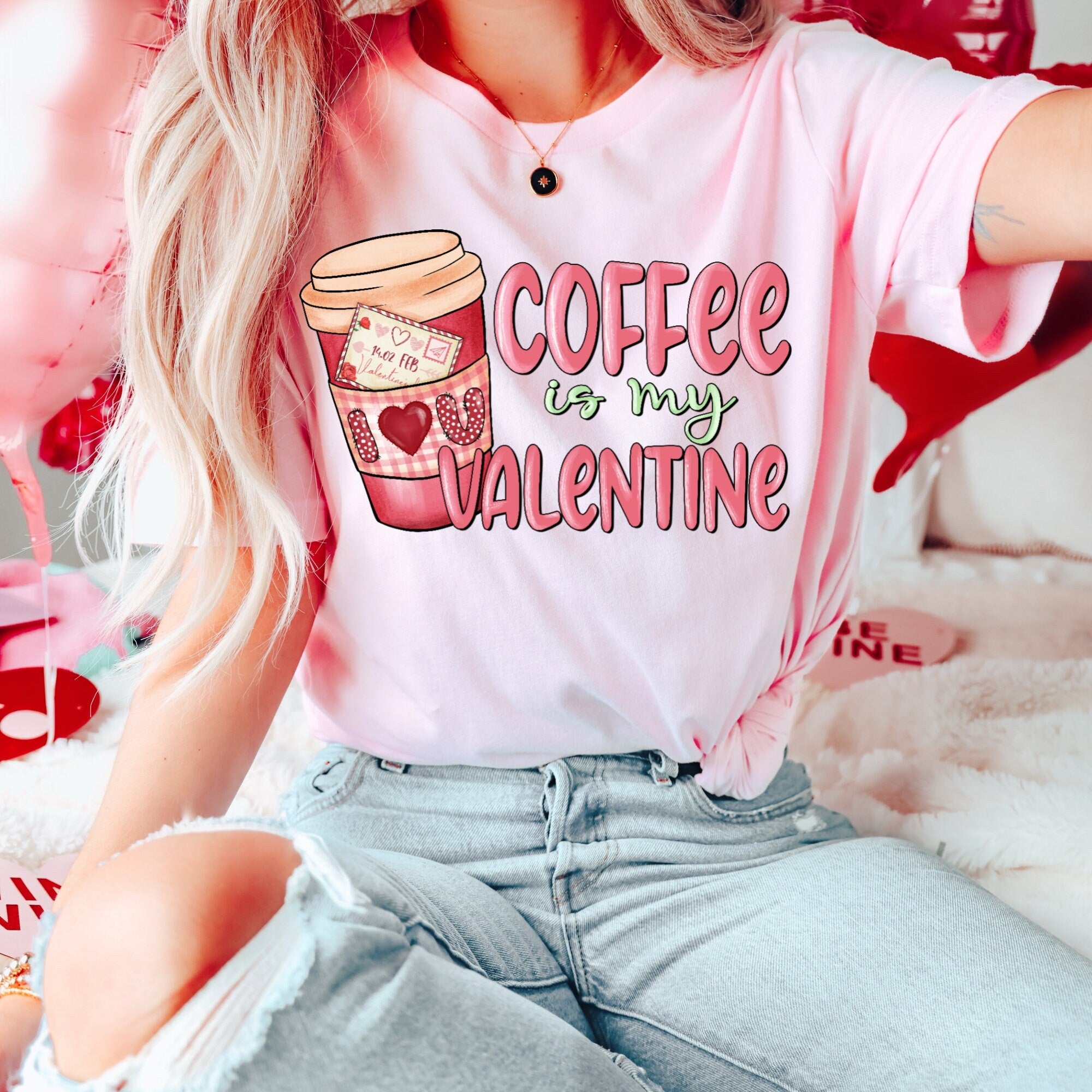 Coffee Valentine's Day, Women's "Coffee Is My Valentine" Unisex Fit Jersey Short Sleeve Tee In The Color Light Pink, Valentine's Day Shirt