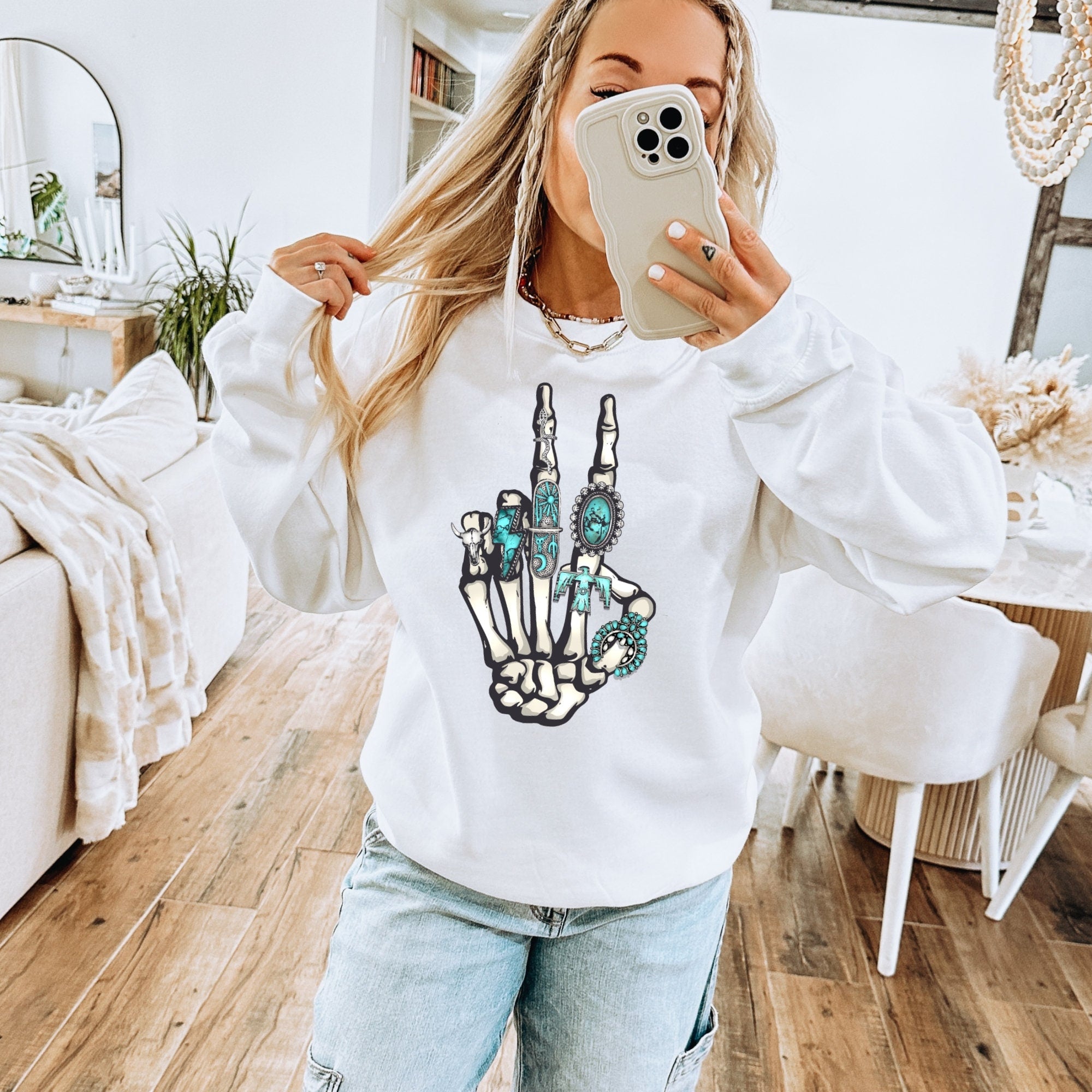 Women's Retro Western Cowgirl Skeleton Teal Concho Rings, Peace Sign, Trendy Design Unisex Fit Heavy Blend™ Crewneck Sweatshirt