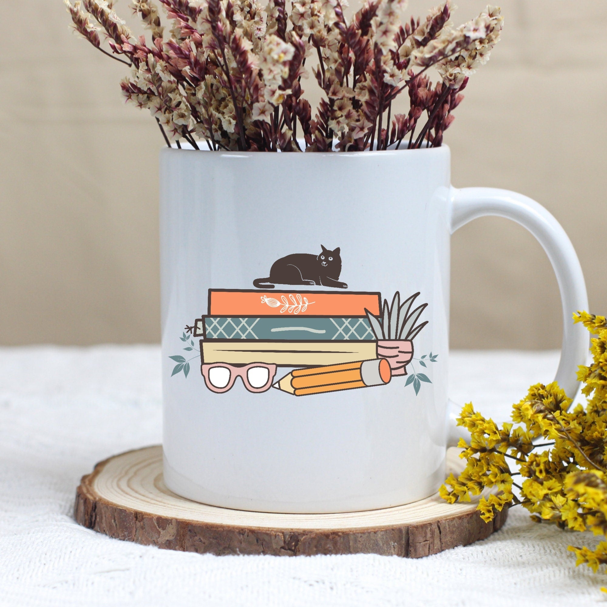 Reading Books Ceramic Mug (11oz) Cat Lover, Book Lover Gift Idea