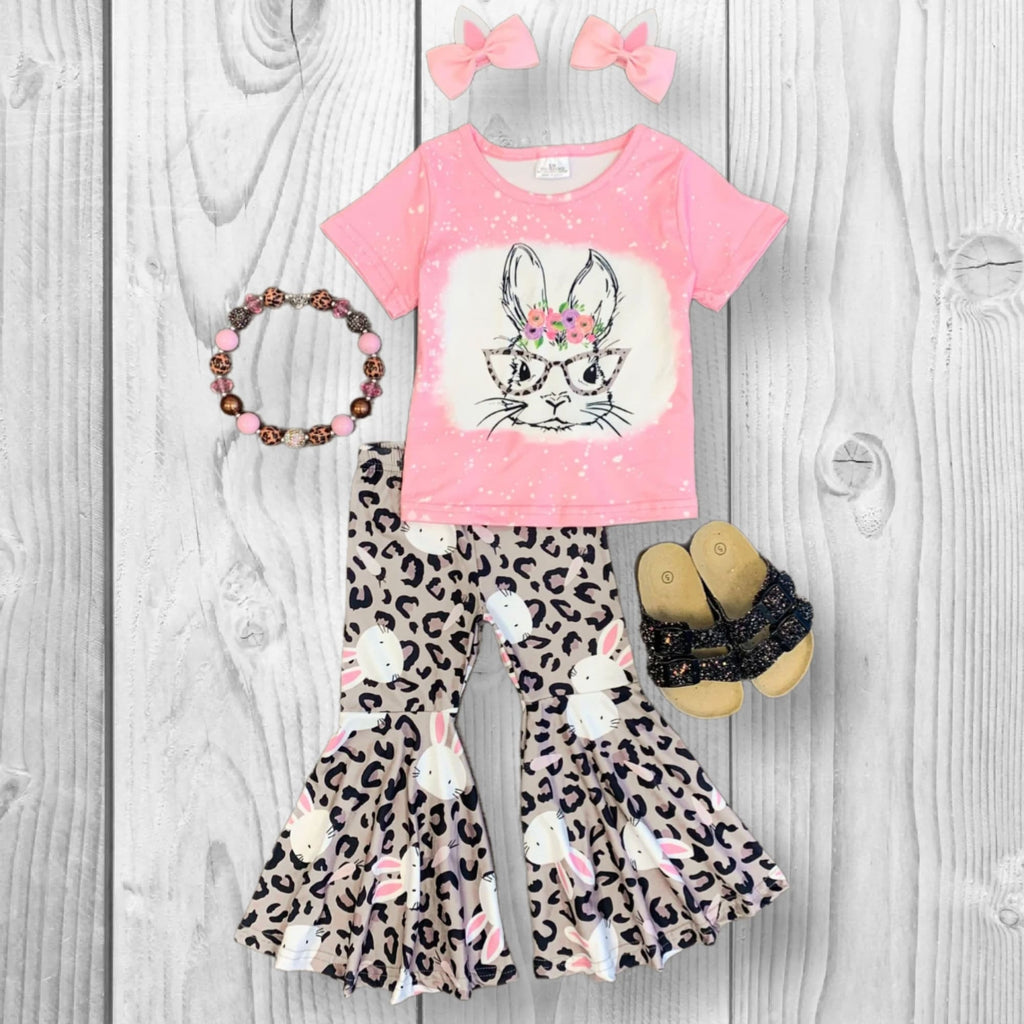 RESTOCKED! Girls/Toddler/Baby Pink Bunny Leopard Bell Bottom Set, Easter Outfit