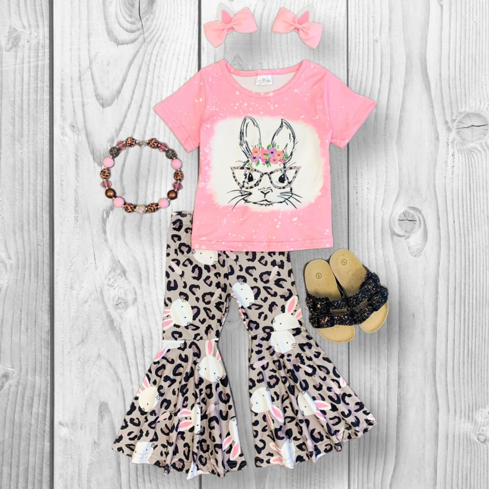 RESTOCKED! Girls/Toddler/Baby Pink Bunny Leopard Bell Bottom Set, Easter Outfit