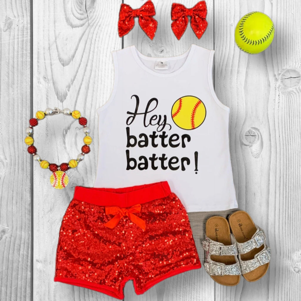 Girls/Toddler "Hey Batter Batter" Softball Sequin Short Set, 12-18 Months 2T 3T 4T 5 6 7 8 10 12 14, Red Game Day, Boutique Spring Summer