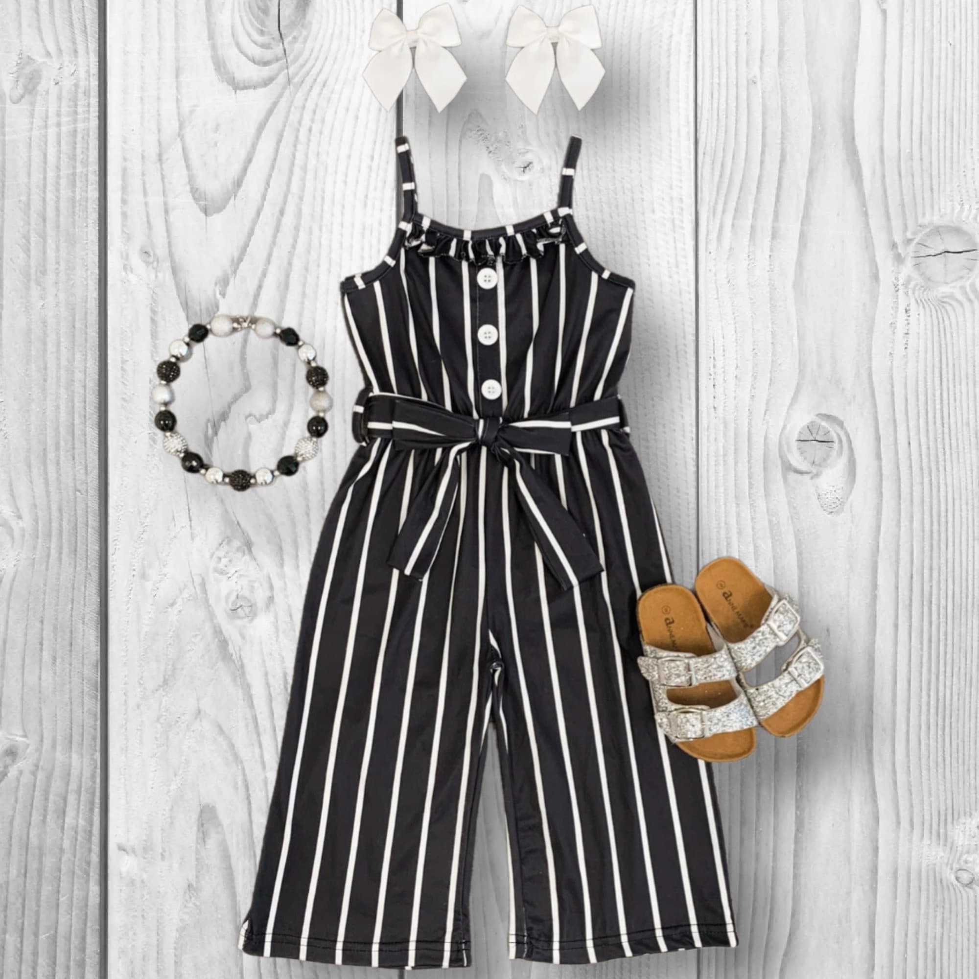 RESTOCKED! Girls/Toddler/Baby Striped Tie Waist Jumpsuit - Black, White Or Orange! Size 6 12 18 Months 2T 3T 4T 5 6 7 8 10 12 14 16 Years